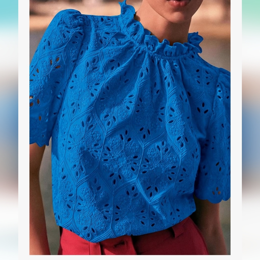 Vibrant Blue Women's Eyelet Blouse - Picture 2 of 3